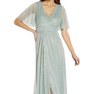 Adrianna Papell Metallic Mesh Draped Gown Sea Glass Size 4